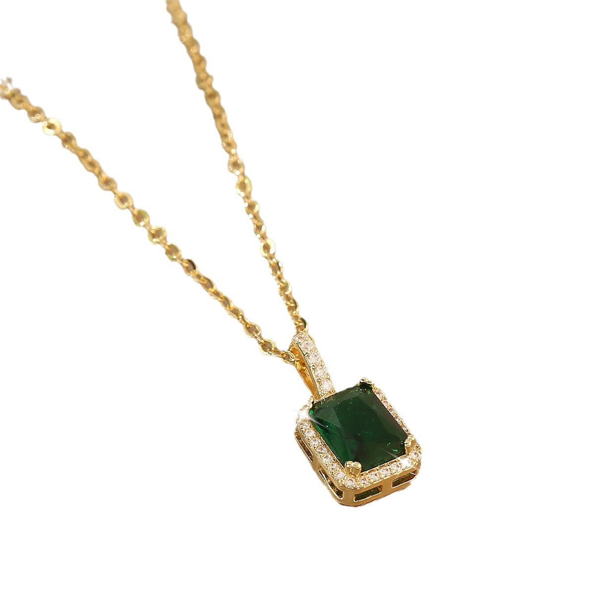 Copper Inlaid Green Zircon Square High-grade Retro Necklace