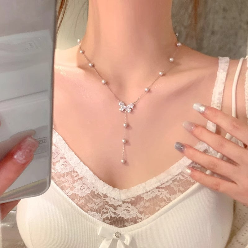 Titanium Steel No Fading Irregular Pearl Dripping Butterfly Necklace