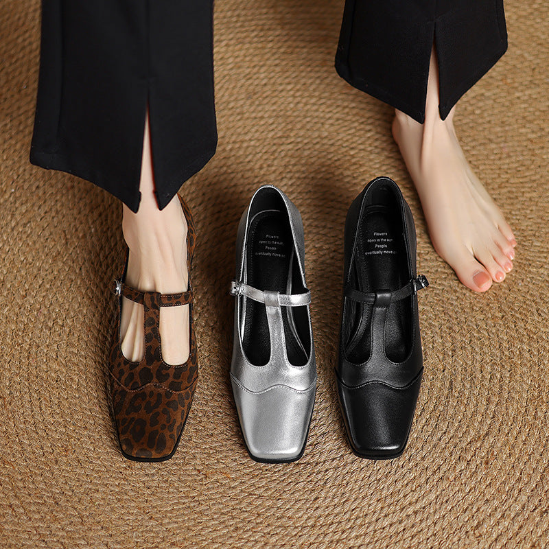 High Heel Vintage Leopard Print Square Toe Sheepskin Chunky Heel Pumps