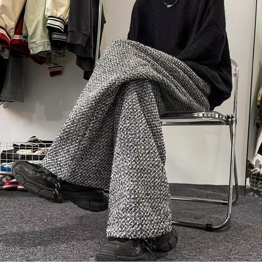 American Retro Houndstooth Woolen Wide-leg Pants Men